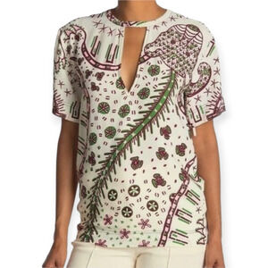 Valentino Safari Print Keyhole Cut Out Blouse Authentic White Green Red Size 4‎